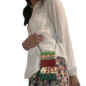 New NWOT handmade artisan mini crossbody fabric purse floral polka dot button